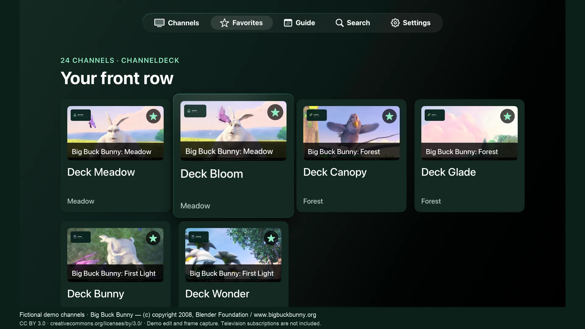 Favorite channels shown in the front row