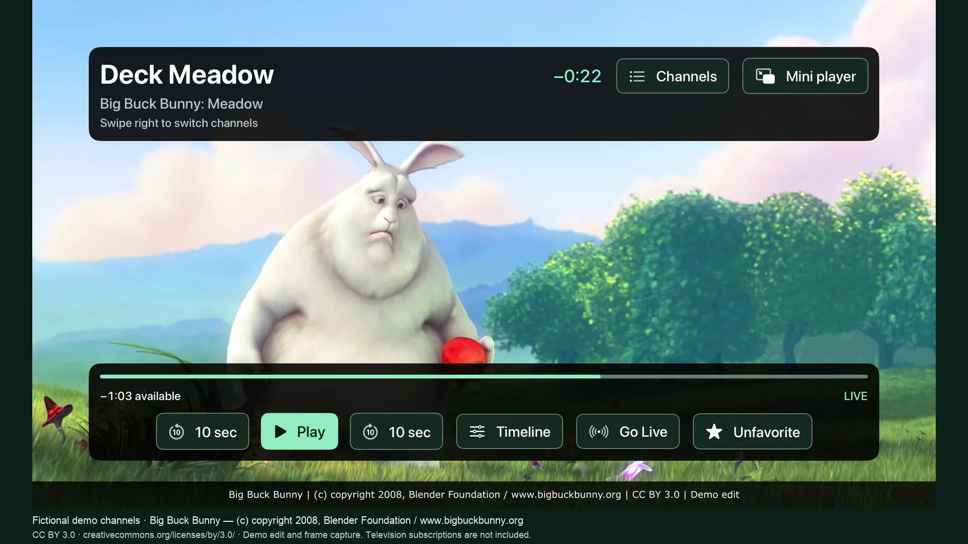 Playback controls with rewind, timeline and Go Live