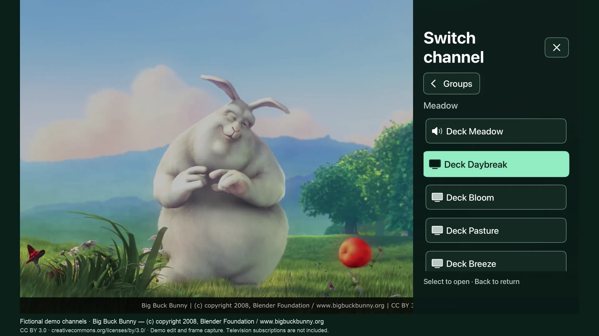 The channel drawer open over live playback