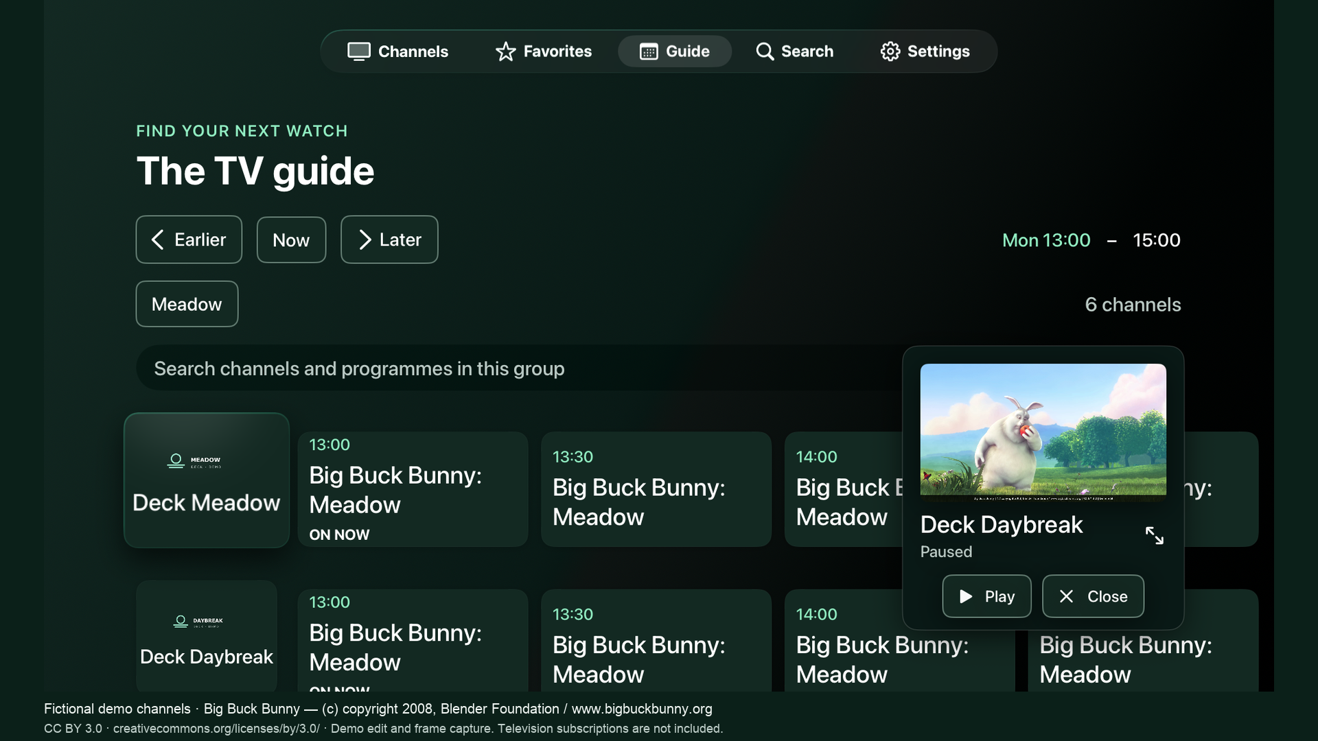 ChannelDeck mini player continuing to play while the fictional channel library is browsed