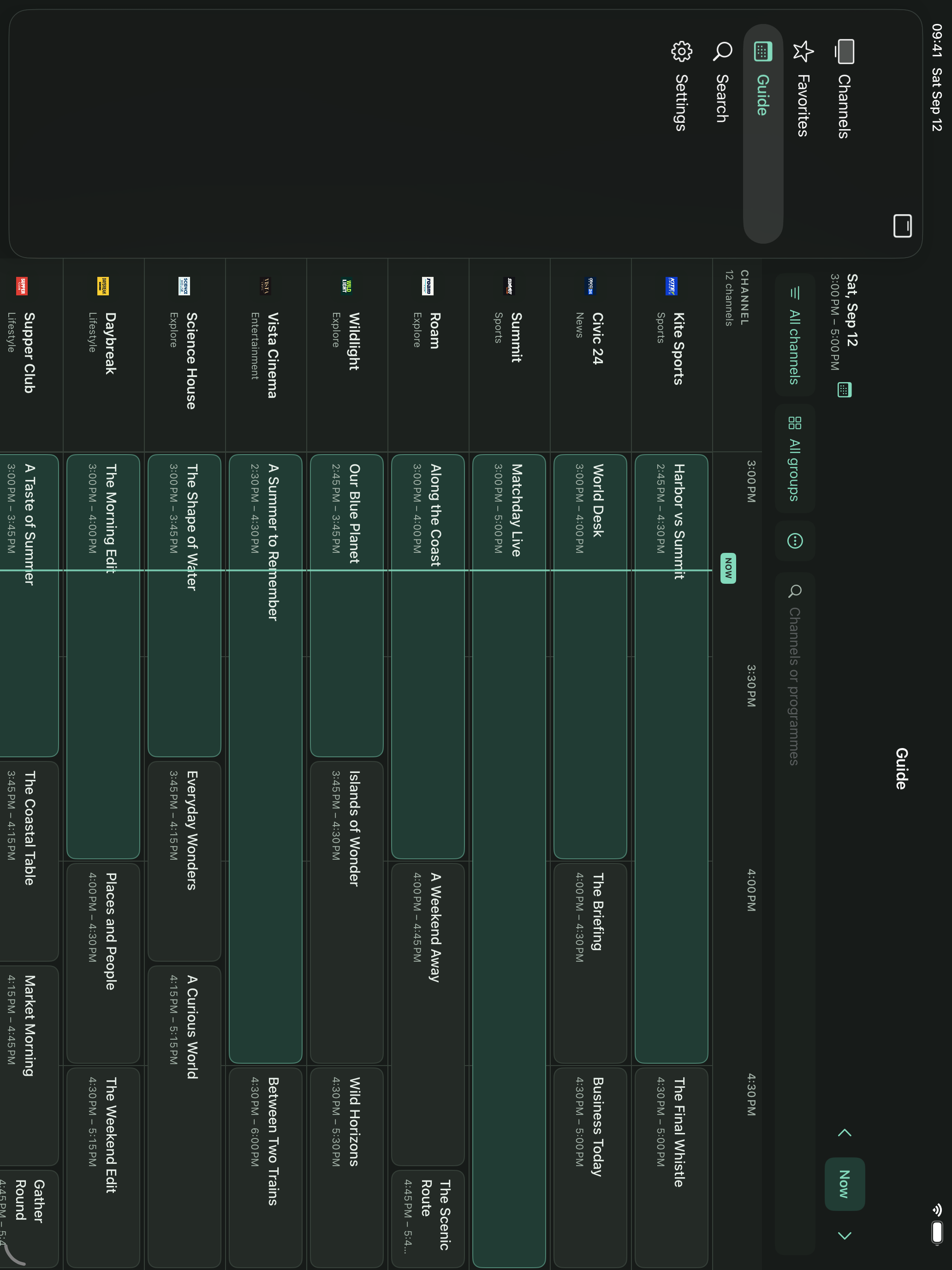 ChannelDeck on iPad with channel rows, programme times and a calendar button