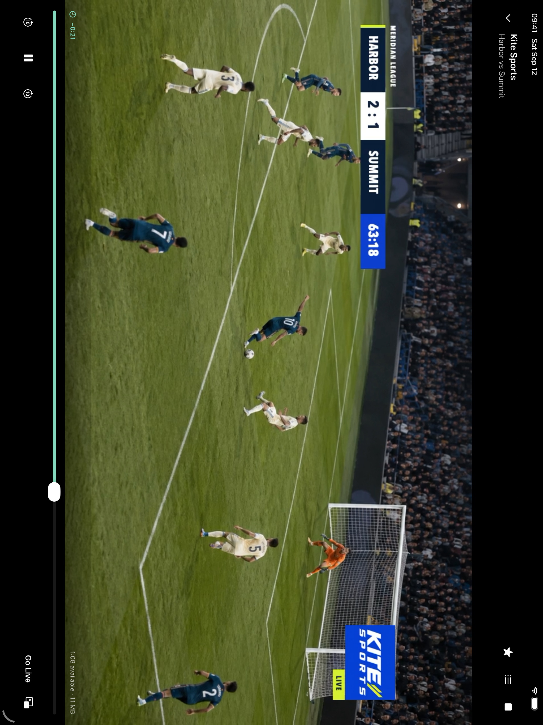 Live rewind controls and the available playback timeline on iPad